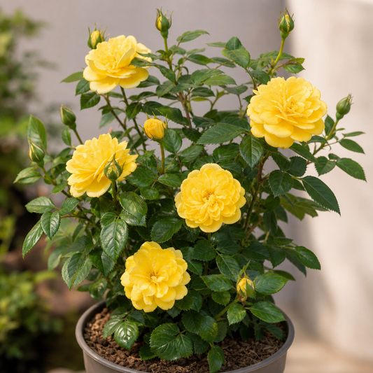 Patio rose with bright yellow double blooms and buds above glossy dark green leaves in a grey pot