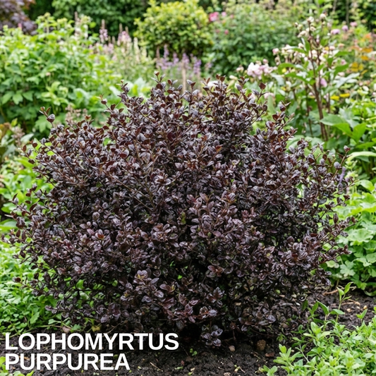 Rounded shrub with dense dark purple-bronze foliage in a border, caption text overlaid