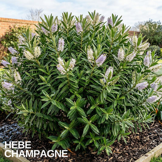 Rounded evergreen Hebe bush with lilac-white flower spikes in a garden border