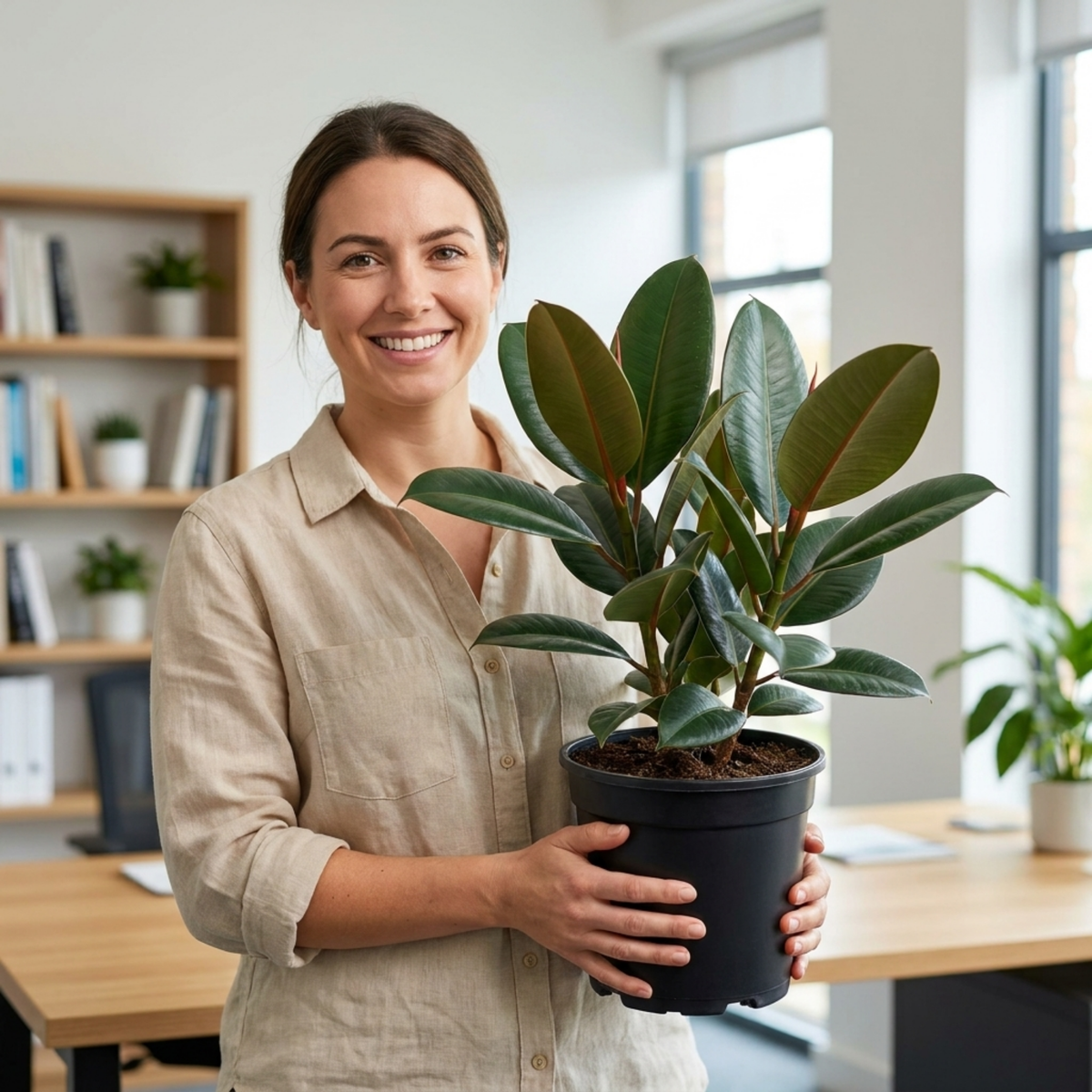 Ficus elastica 'Robusta' (Rubber Plant) – Glossy Leaf Houseplant (2L Pot)