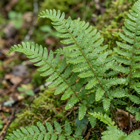 Arching green fern fronds with finely divided leaflets, growing among moss and leaf litter