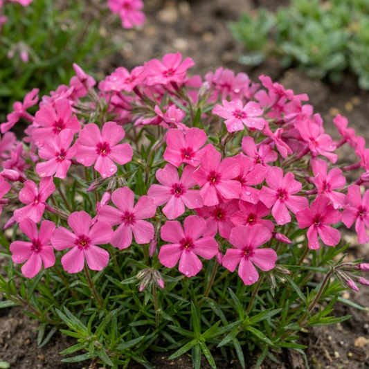 Dense low mound of bright rose-pink phlox stars with darker eyes above fine needle-like foliage
