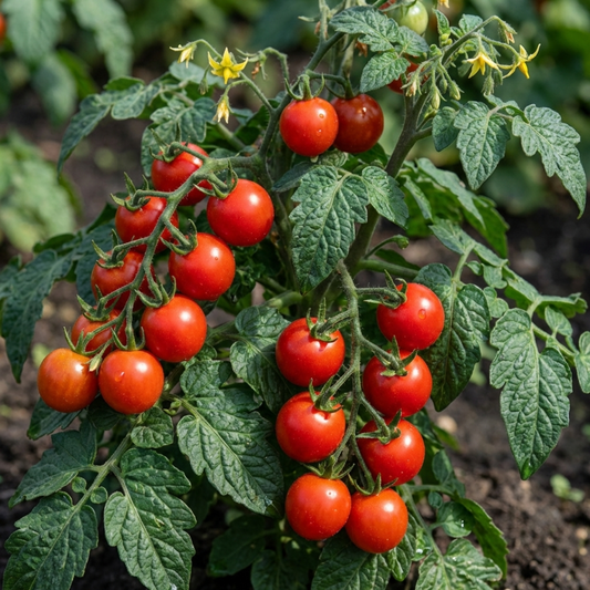 Compact bush tomato laden with trusses of bright red cherry tomatoes and yellow flowers