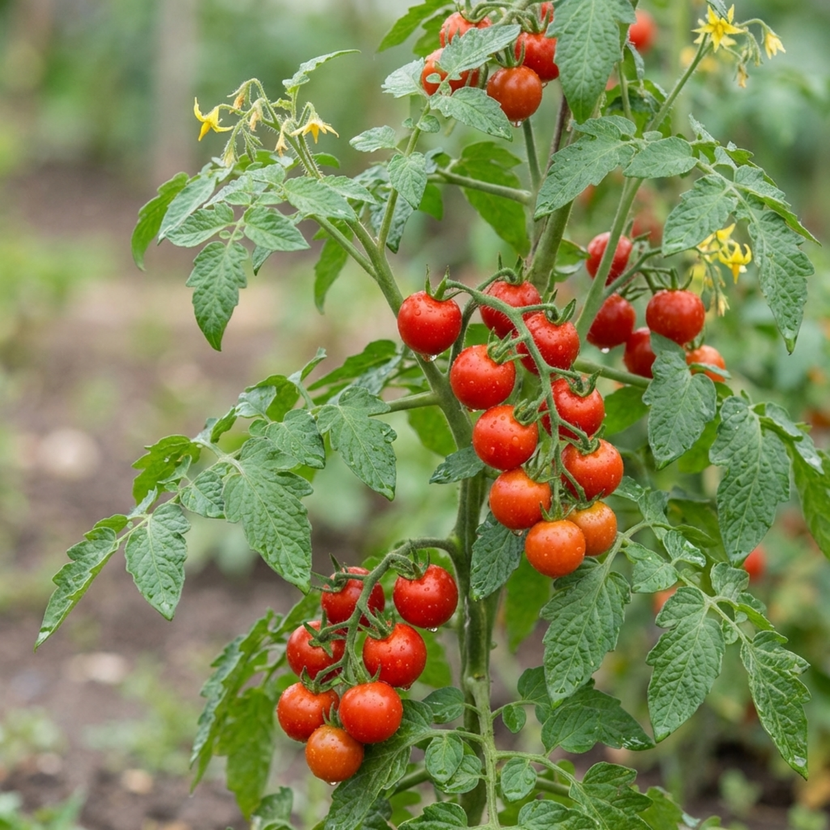 Upright cordon tomato with hanging trusses of small round red tomatoes and yellow flowers