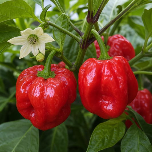 Glossy red lantern-shaped wrinkled chillies and a cream flower among broad green leaves