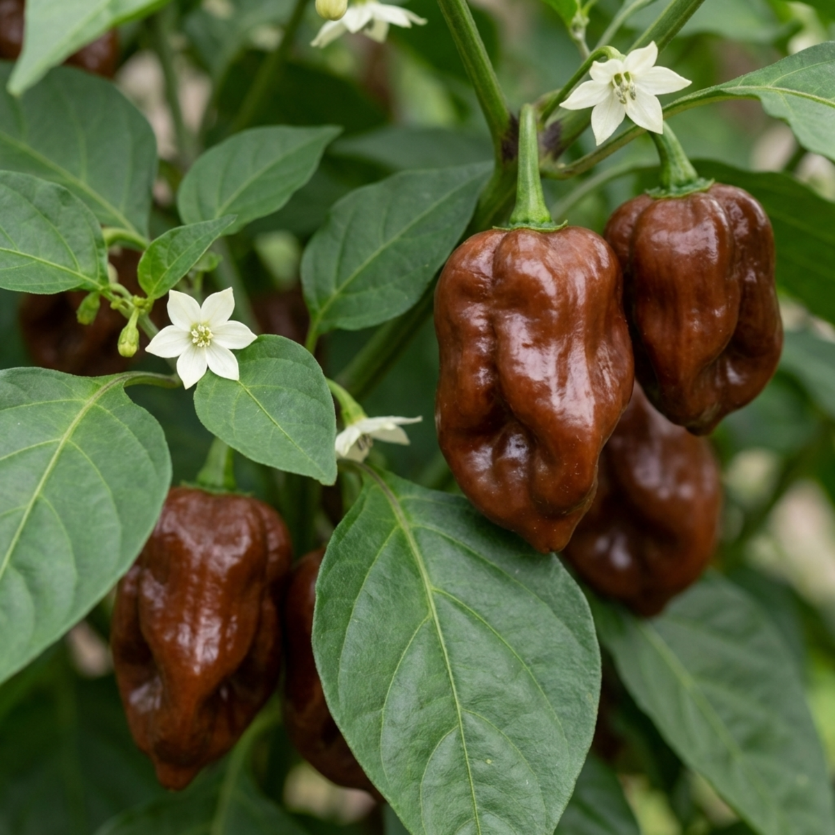 Glossy chocolate-brown habanero pods with puckered skin beside white flowers and green leaves