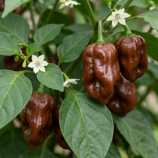 Glossy chocolate-brown habanero pods with puckered skin beside white flowers and green leaves