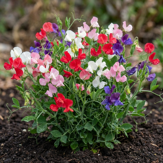 Compact dwarf sweet pea plant in bare soil flowering in red, pink, white and purple
