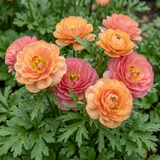 Double ranunculus blooms in blended apricot and rose pink above ferny green foliage