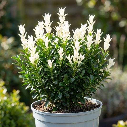 Compact euonymus in a pot, dark green leaves tipped with bright creamy-white new growth