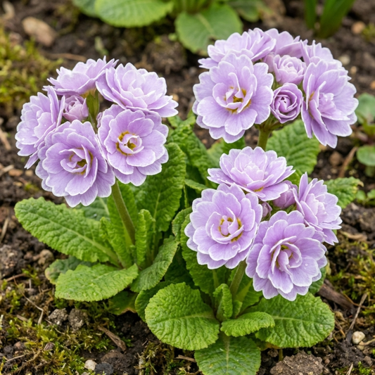 Double lilac primroses edged with a fine white picotee rim above crinkled green leaves