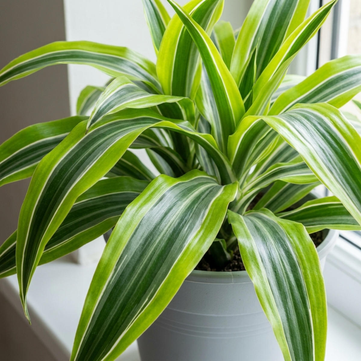 Dracaena with arching lime-green leaves striped cream and white, in a white pot by a window