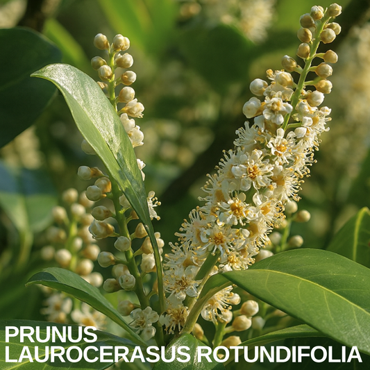 Cherry laurel 'Rotundifolia' in flower, upright spikes of creamy white blossom above glossy leaves