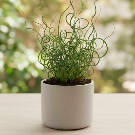 Corkscrew rush with twisting green stems growing in a white ceramic pot
