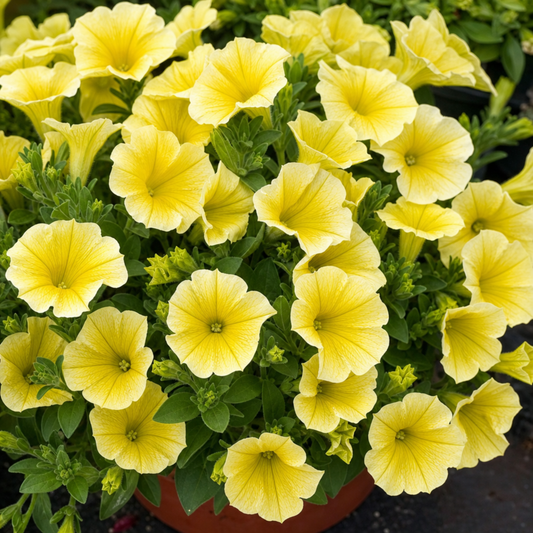 Soft lemon-yellow petunia trumpets with deeper yellow veining in a terracotta pot