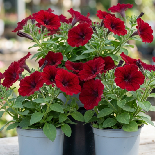 Deep red petunias with velvety trumpet flowers, three young plants in nursery pots