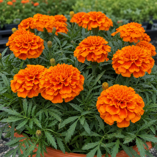 Orange double French marigolds flowering in a terracotta pot at a nursery