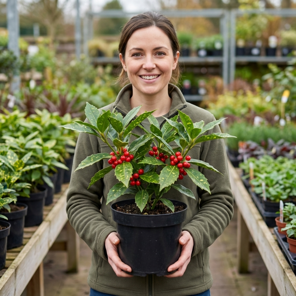 Aucuba japonica 'Rozannie' (Japanese Laurel) – Berrying Evergreen Shrub (3L Pot)