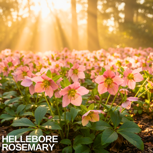 Drift of soft pink hellebore flowers in dappled woodland sunlight above dark green leaves