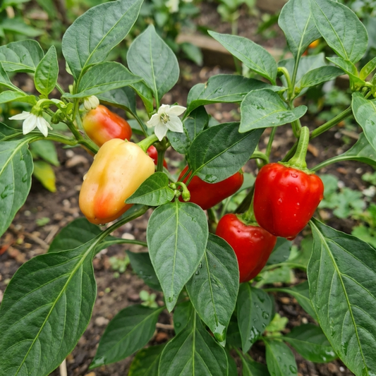 Bell peppers on a leafy plant, two glossy red fruits and one pale gold, with small white flowers