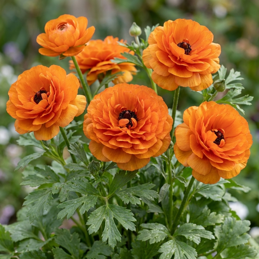 Vivid orange fully double ranunculus blooms with dark centres above divided green leaves