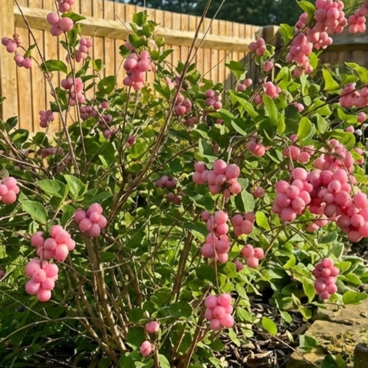Snowberry bush covered in clusters of candy-pink berries on upright stems by a fence