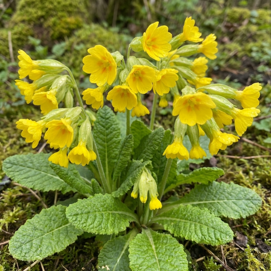 Clusters of nodding bright yellow cowslip flowers on upright stems above a rosette of crinkled leaves