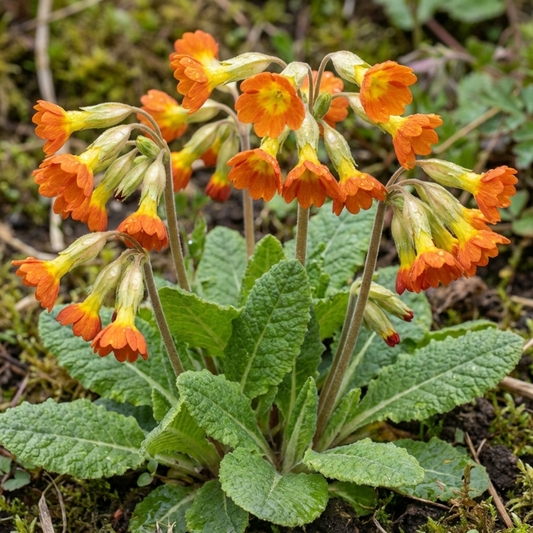 Nodding orange cowslip flowers with yellow throats on upright stems above a soft green leaf rosette