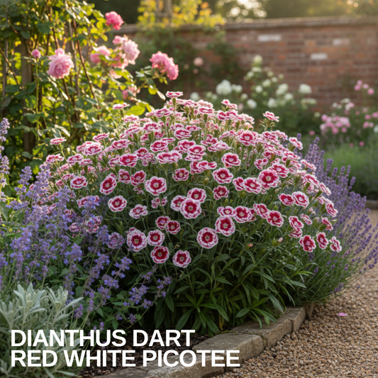 Clump of white dianthus flowers with deep red centres, edged by lavender in a walled garden