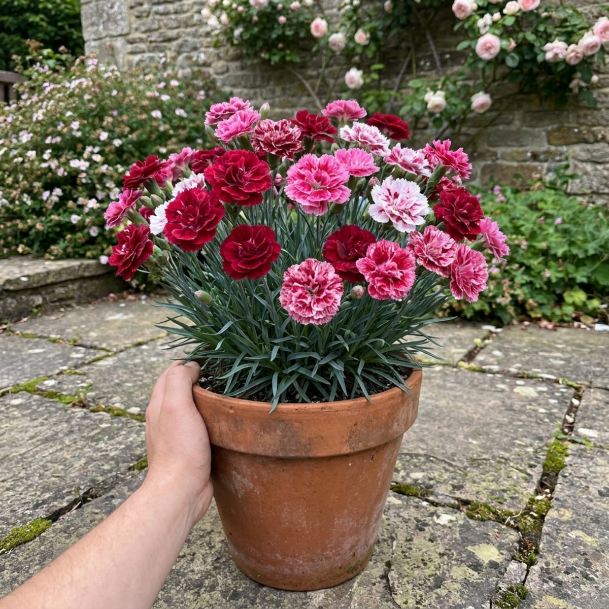 Terracotta pot of double pinks flowering in mixed deep red, pink and white over blue-grey grassy leaves