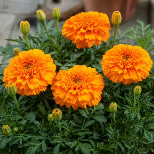 Orange pompom marigold blooms with fat buds above finely cut dark green foliage