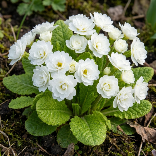 Compact clump of fully double white primrose flowers with cream centres above crinkled green leaves