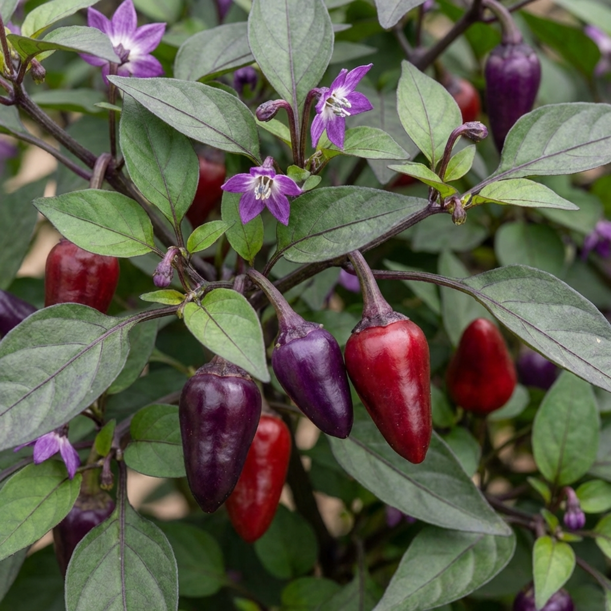 Bushy chilli plant with conical fruits ripening from deep purple to red, and purple star flowers