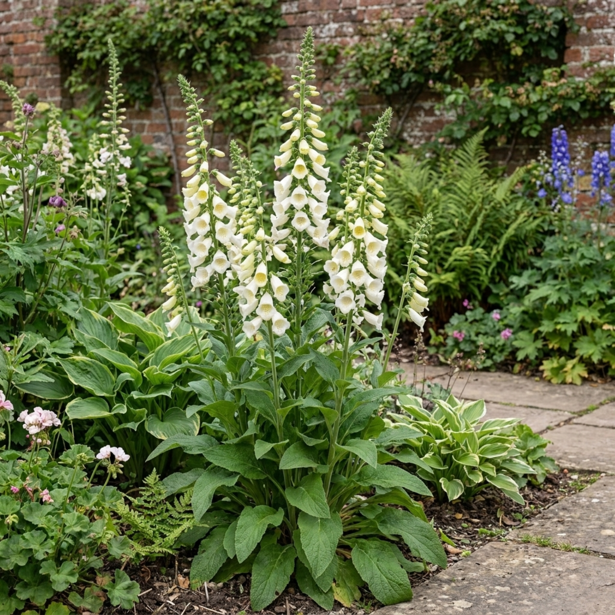 Creamy white foxglove spires in a walled garden border with hostas and other perennials