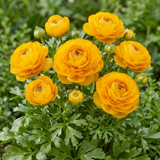 Layered golden-yellow ranunculus blooms with buds above parsley-like foliage