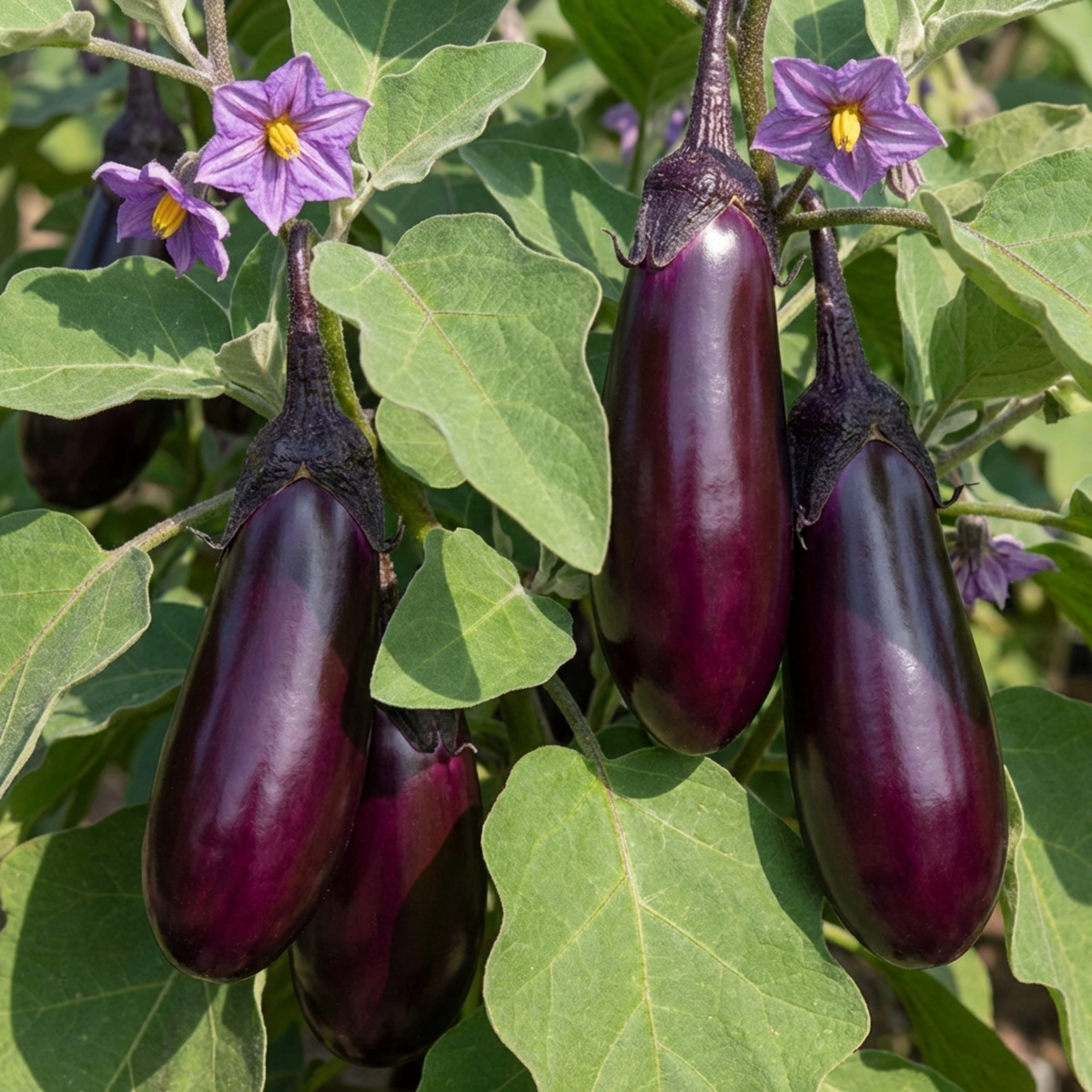 Glossy deep purple elongated aubergines hanging among large grey-green leaves with lilac flowers