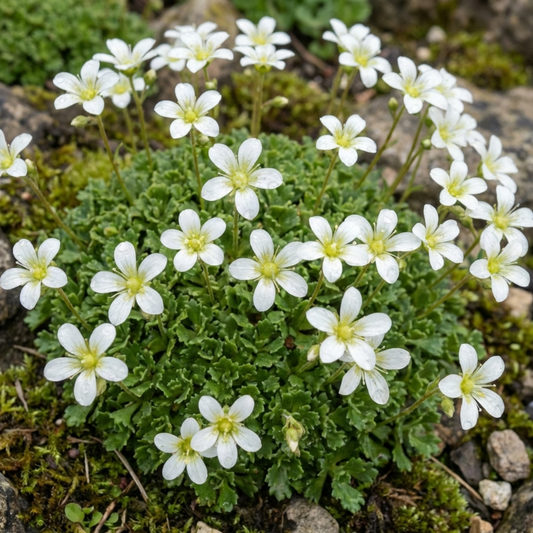 Small white star-shaped saxifrage flowers on wiry stems above a dense mossy green cushion
