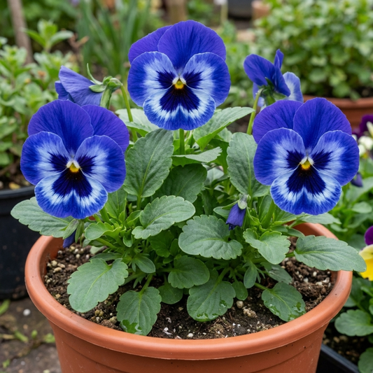 Deep blue pansies with white centres and dark whiskered faces flowering in a terracotta pot