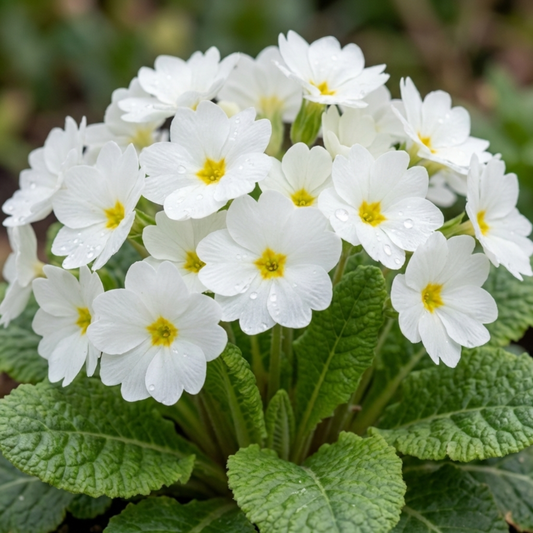 Clustered white primroses with bright yellow eyes, dewy petals and crinkled green leaves