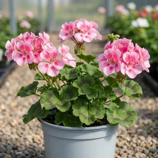Compact geranium in a grey pot, soft pink flowers with white centres over rounded dark-zoned leaves