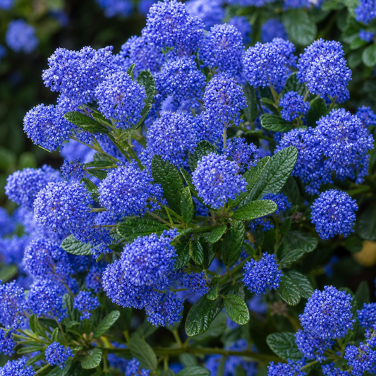Evergreen shrub smothered in rounded clusters of tiny vivid blue flowers among small glossy dark leaves