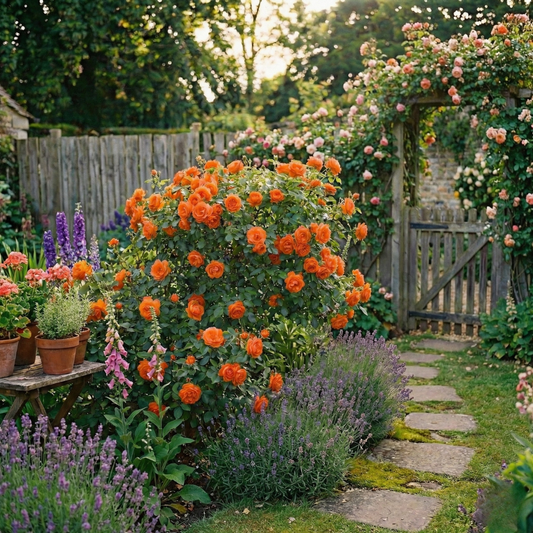 Orange bush rose covered in vivid orange double blooms by a cottage gate with lavender edging the path