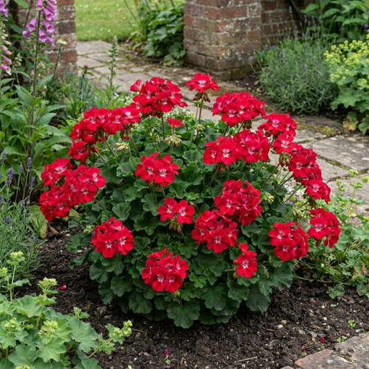 Mounded geranium in a garden border, massed bright red flowers with pale eyes over green foliage