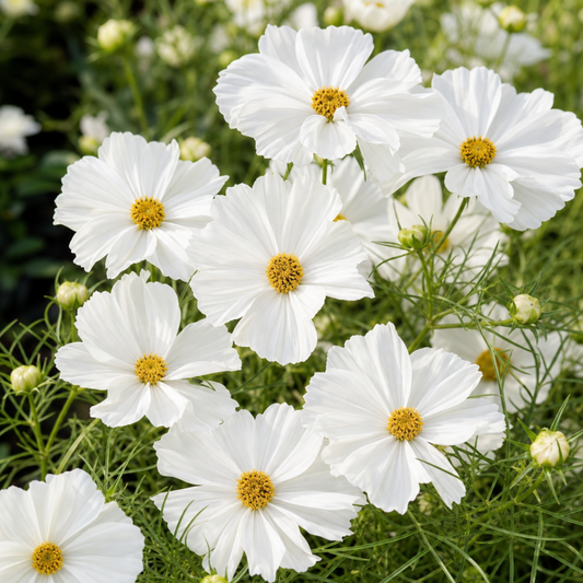 Massed pure white cosmos daisies with golden centres above fine feathery green foliage