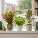 3 Colourful Foliage Indoor Plants, Croton Petra, Maranta Lemon Lime & Ficus Belize, 1 Litre Root Ball