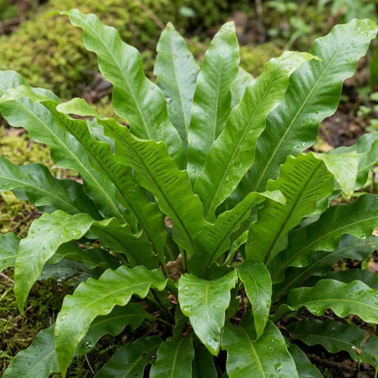 Shuttlecock rosette of long, strap-shaped glossy green hart's tongue fern fronds