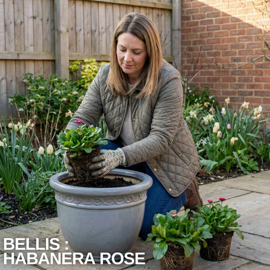 Gardener lowering a rose-pink Bellis root ball into a grey pot, two more plants waiting beside it
