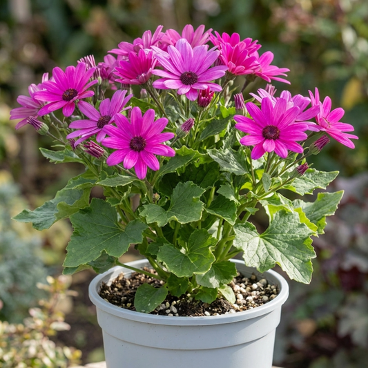 Pericallis in a pale pot with bright magenta-pink daisy flowers and dark centres above lobed green leaves