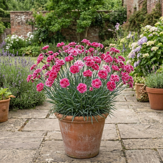 Frilled raspberry-pink flowers with paler edges above blue-green foliage in a terracotta pot
