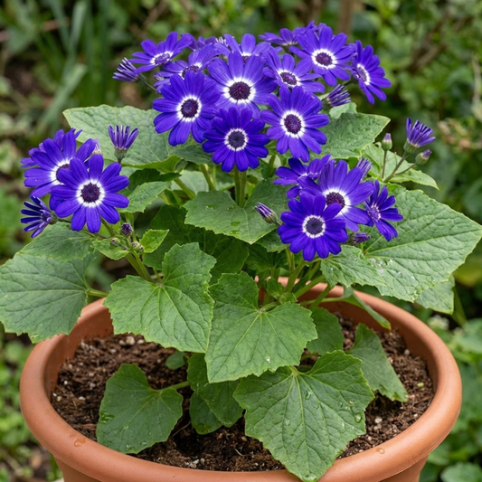 Pericallis in a terracotta pot with deep violet-blue daisy flowers with white rings above broad green leaves